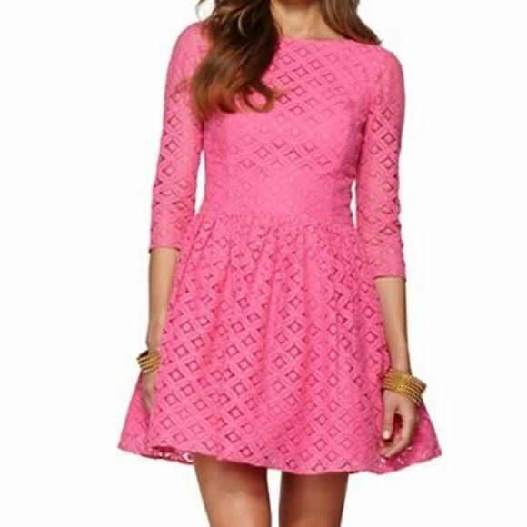 Lilly Pulitzer Dresses & Skirts - Lilly Pulitzer Lori Dress PB Pink XO Lace 0 3/4 Sleeve Fit & Flare Argyle #5258